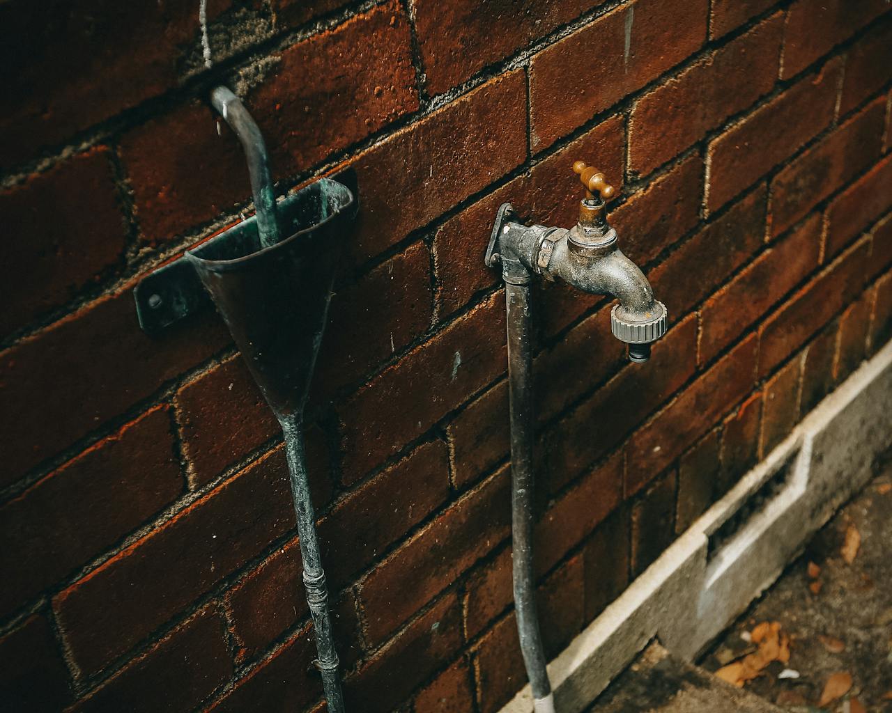 Close-up of a rusty outdoor faucet attached to a weathered brick wall.